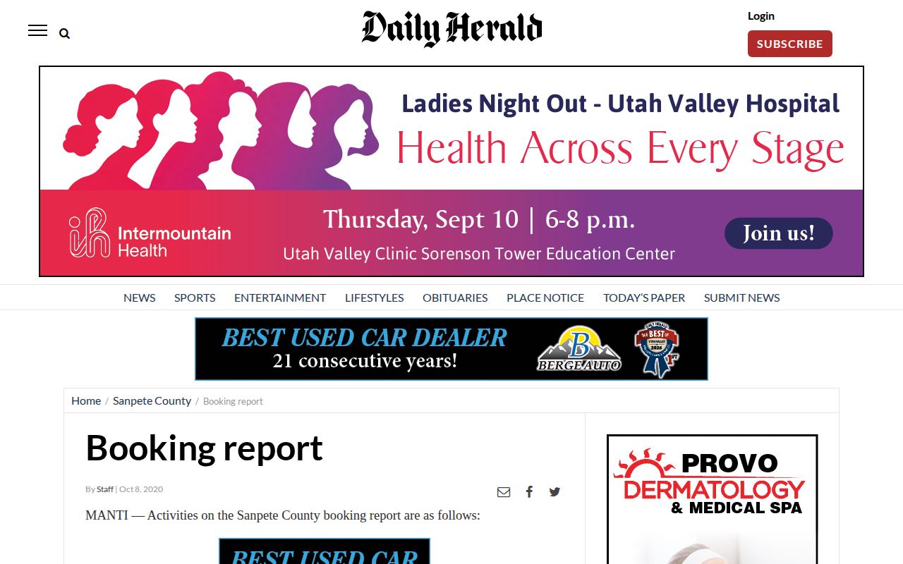 Sanpete County Daily Herald archived booking-report news coverage