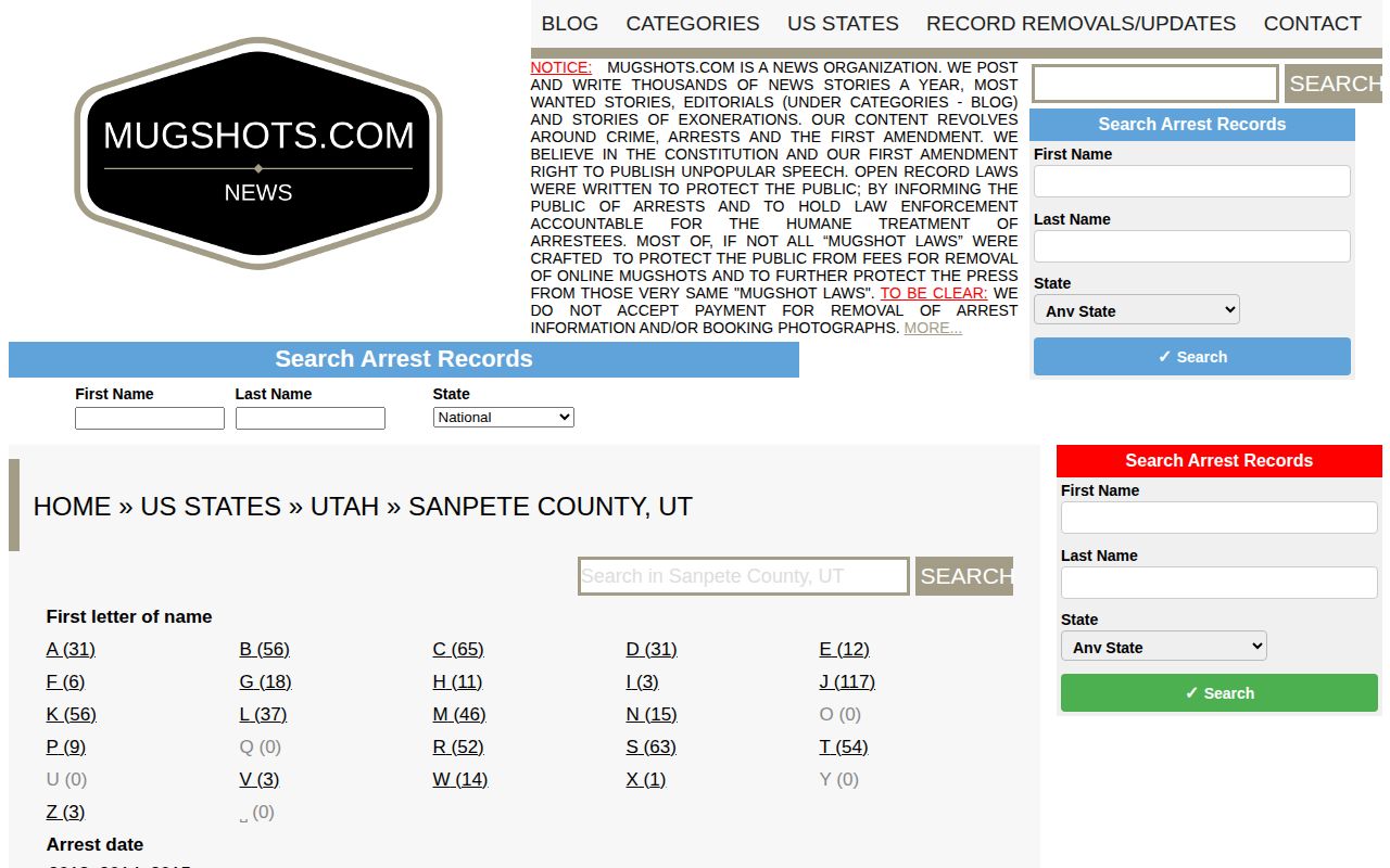 Sanpete County Mugshots.com subsection shown as unofficial mugshot context